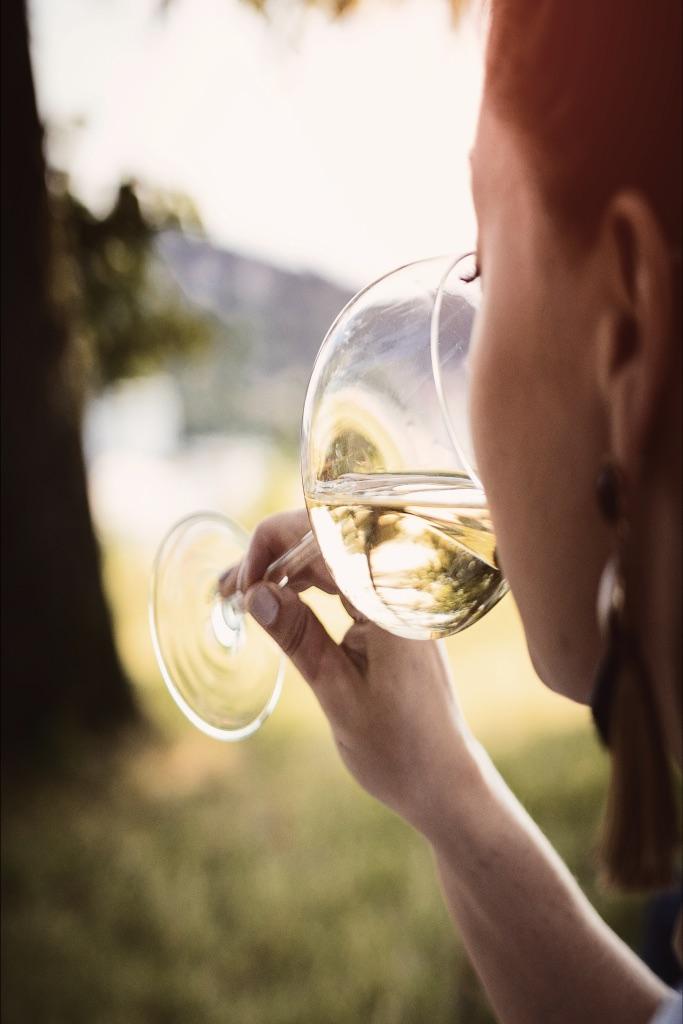 Dégustation d’un vin blanc en plein air